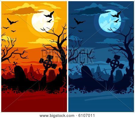 terrible halloween cemetery with moon night and sunset