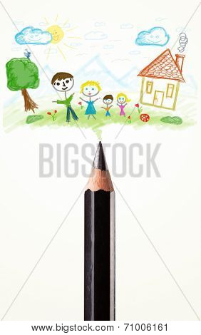 Colored pencil close-up with a paint drawing of a family