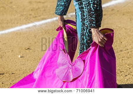 Spanish Bullfighter With The Cape In The Sabiote Bullring, Sabiote, Jaen Pronvince, Spain