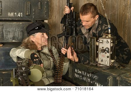Armed combat soldiers thinking