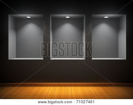 Art gallery. Blank picture frames on brick wall background.