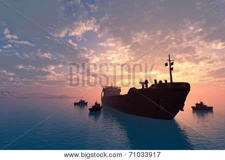 Tanker and tugs at sea.