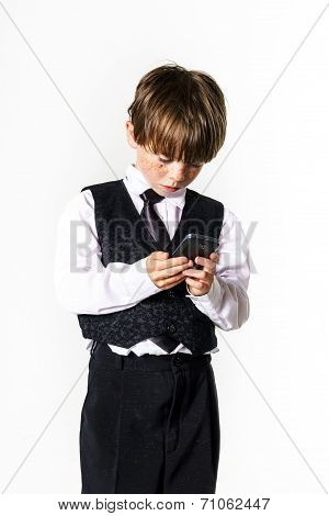 Emotional Red-haired Boy With Mobile Phone