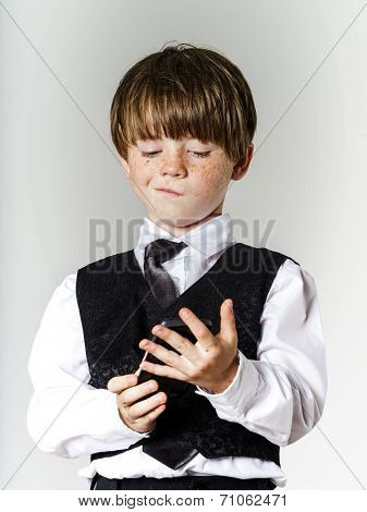 Emotional Red-haired Boy With Mobile Phone
