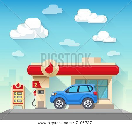 Gas Station And Car In Front Of Cloudy Sky