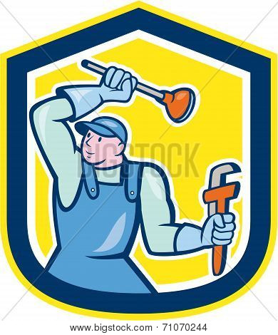 Plumber Wielding Plunger Wrench Shield Cartoon