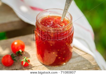 Tomato And Chili Jam In A Clear Jar