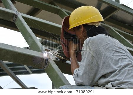 Welder with protective mask welding metal