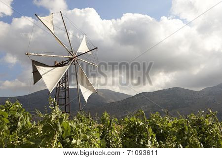 Traditional Windmills In Lasithi Plateau. Crete. Greece