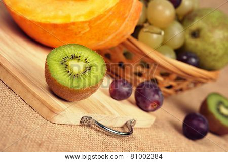 Heart shape in kiwi`s center and mix of fruits
