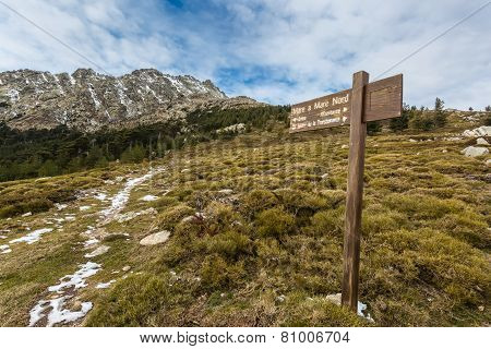 Sign Marking Mare A Mare Walk At Col De Vergio In Corsica