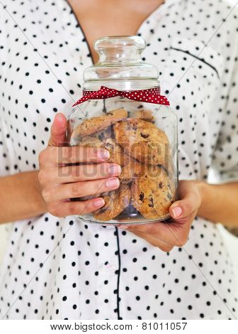 Happy Woman Holding Jar With Coockies