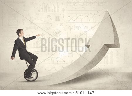 Happy business man riding a monocycle up on an arrow concept