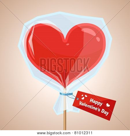 Vector. Red lollipop in the form of heart on Valentines Day.