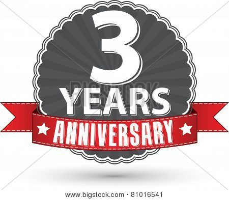 Celebrating 3 Years Anniversary Retro Label With Red Ribbon, Vector Illustration
