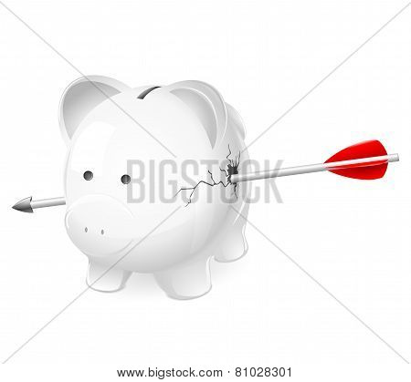 Broken piggy bank shot by arrow