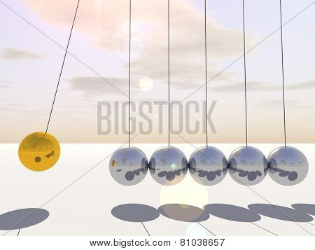 Concept or conceptual 3D metal silver and gold creative sphere Newton cradle pendulum over a sky background