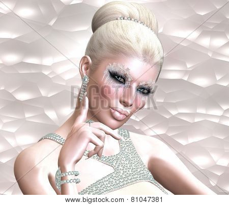 Snowflakes and ice create the unique cosmetics for this beautiful blonde in evening attire