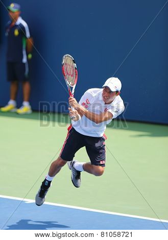 Professional tennis player Kei Nishikori from Japan during US Open 2014 match