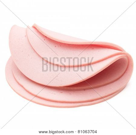 cooked boiled ham sausage or rolled bologna slices isolated on white background cutout