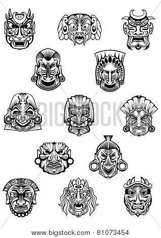 African ritual ceremonial masks in outline style