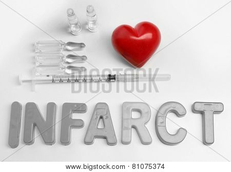 Medicines with word Infarct on white background
