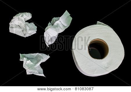 white toilet paper isolated on black blackground