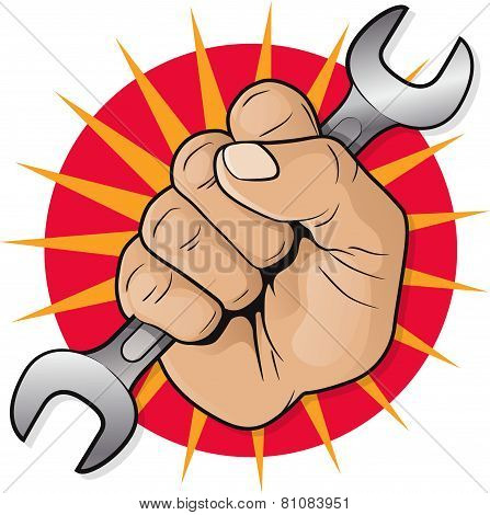 Retro Raised Punching Fist With Spanner.