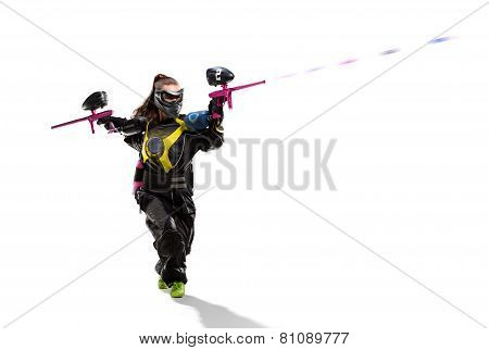 Isolated paintball player is playing the game