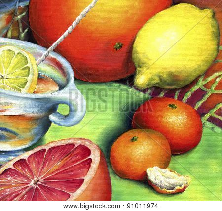 Tea with lemon, grapefruit and tangerines.