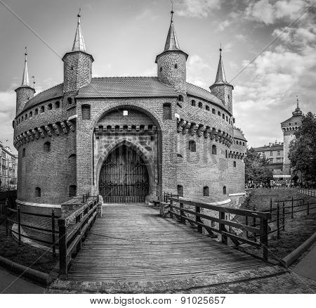 B&w Barbakan Fortress In Cracow, Poland