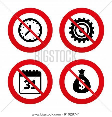 Business signs. Calendar and USD money bag icons