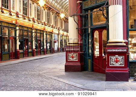 View of shops and restaurants inside old Victorian Leadenhall Market in City of London Square Mile