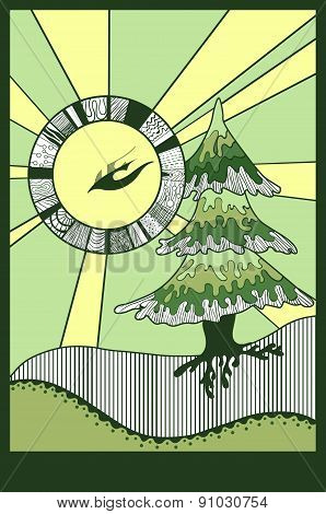 Ornamental landscape with fir tree, sun and bird