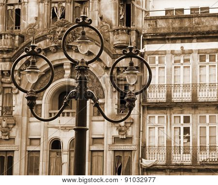 Portugal. Porto City. Ancient Lantern. In Sepia Toned. Retro Style