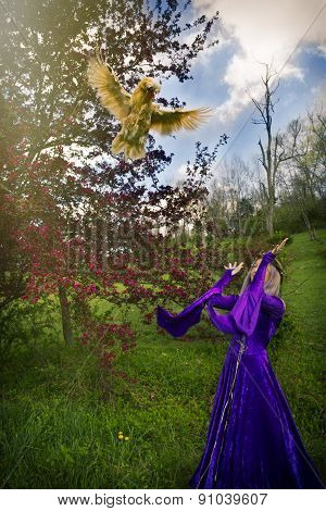 Young woman in purple gown throwing a chicken in the air.