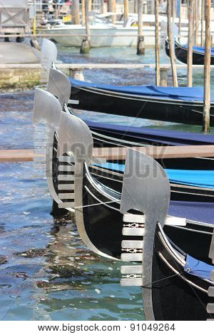Gondolas Lined Up In Venice
