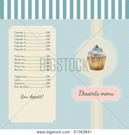 Confectionery menu template with watercolor cupcake illustration