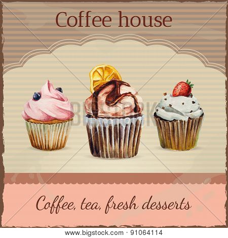 Coffee house advertisement with watercolor cupcakes illustration
