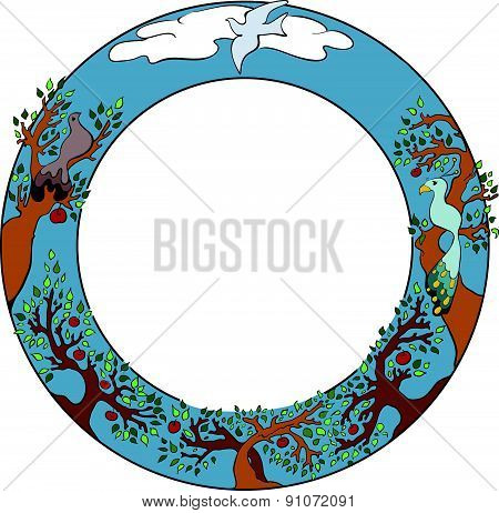 Ornamental round frame with apple trees and birds
