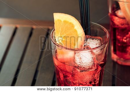 Top Of View Of Glasses Of Spritz Aperitif Aperol Cocktail With Orange Slices And Ice Cubes