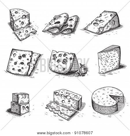 Hand drawn doodle sketch cheese with different types of cheeses in retro style stylized