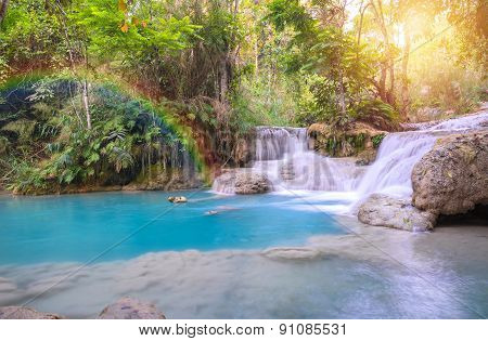 Waterfall In Rain Forest (tat Kuang Si Waterfalls At Luang Prabang, Laos.)