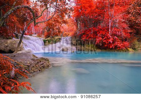 Waterfall In Rain Forest (tat Kuang Si Waterfalls At Luang Prabang, Laos.)
