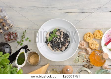 Products on textured wooden table horizontal