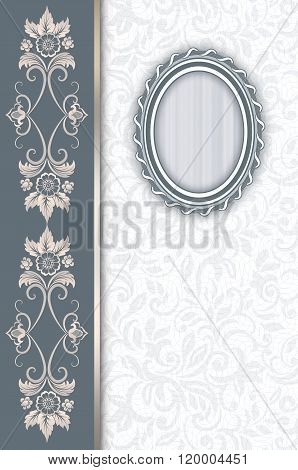 Vintage background with old-fashioned oval frameborder and floral patterns.