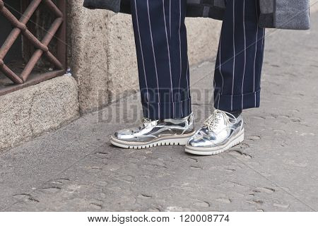 MILAN ITALY - FEBRUARY 25: Detail of shoes outside Luisa Beccaria fashion show building for Milan Women's Fashion Week on FEBRUARY 25 2016 in Milan.