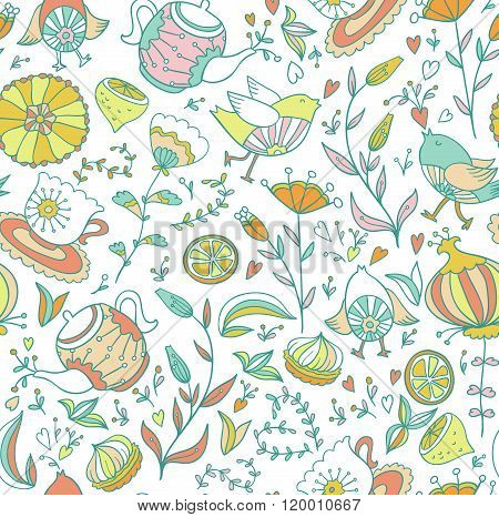 Teasweets bird and flowers. Seamless doodle pattern.
