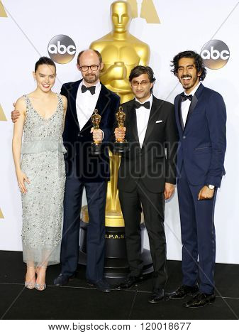 James Gay-Rees, Asif Kapadia, Dev Patel and Daisy Ridley at the 88th Annual Academy Awards - Press Room held at the Loews Hollywood Hotel in Hollywood, USA on February 28, 2016.