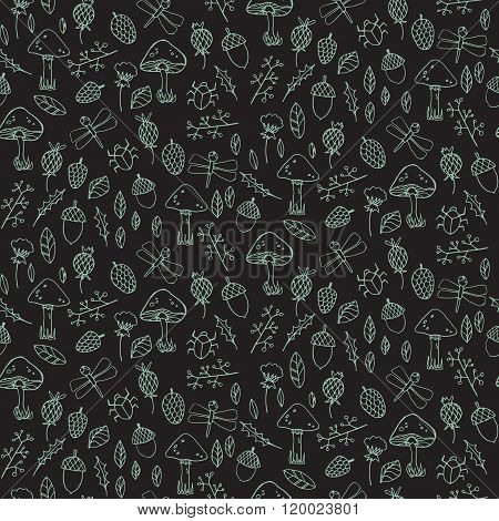 Seamless Atumn Forest Pattern With Mushrooms In Cartoon Style